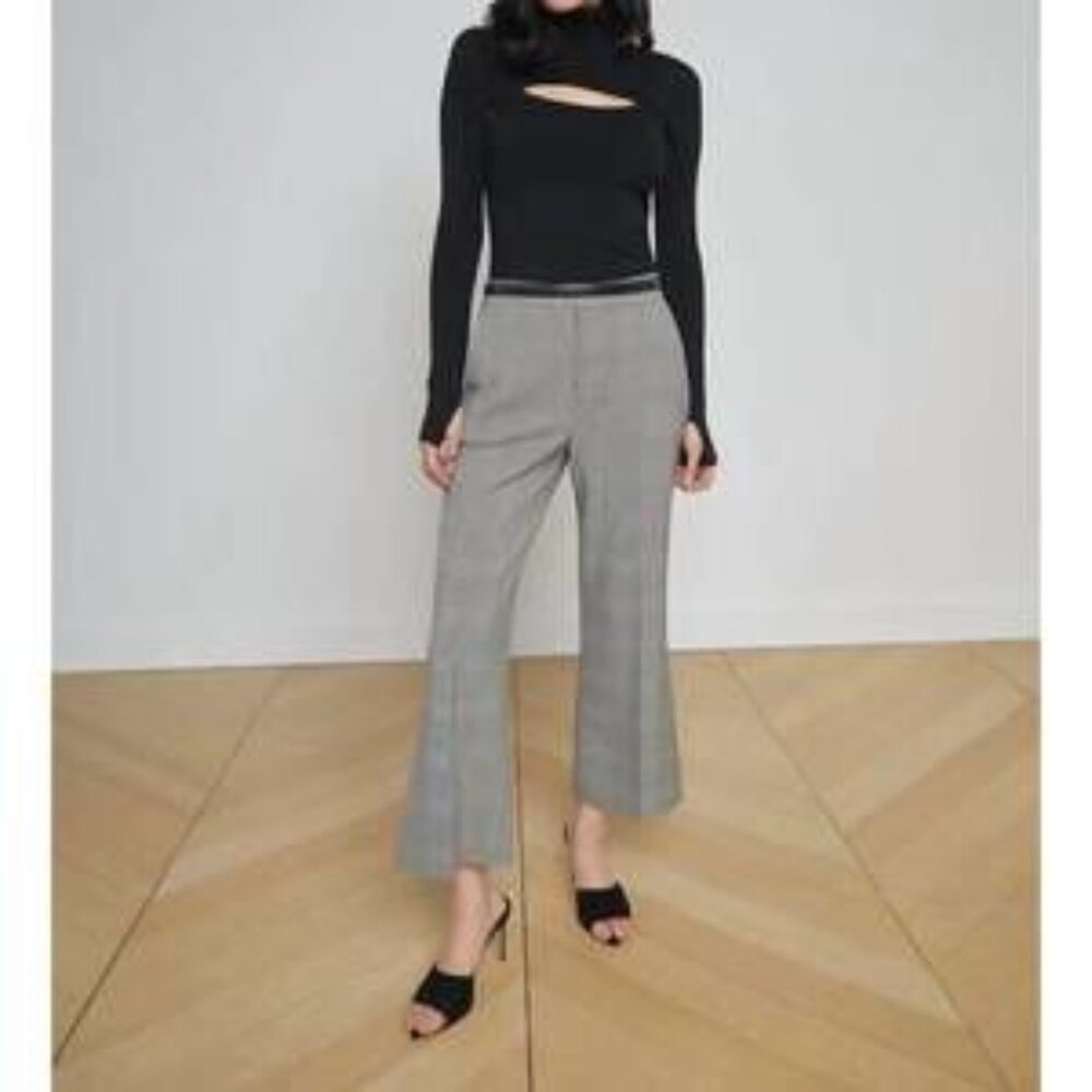 NEW L'AGENCE stacey cropped flare trouser in ivory/black glen plaid